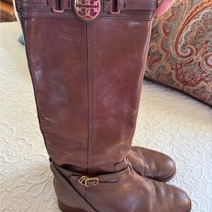 Tory Burch Brown Leather Tall Riding Boots with Gold Hardware